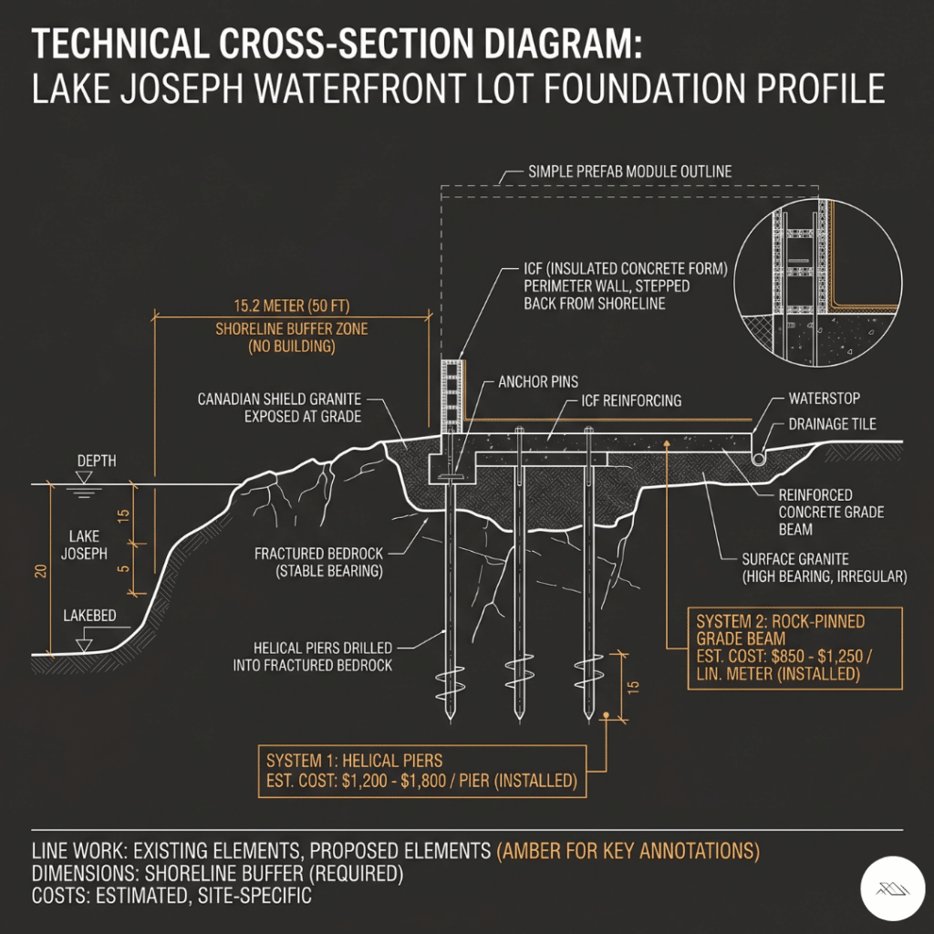 Prefab homes Lake Joseph foundation cross-section diagram showing helical piers anchored into Canadian Shield bedrock, rock-pinned grade beam, and ICF perimeter wall with 15.2-metre shoreline buffer zone and cost ranges 2026