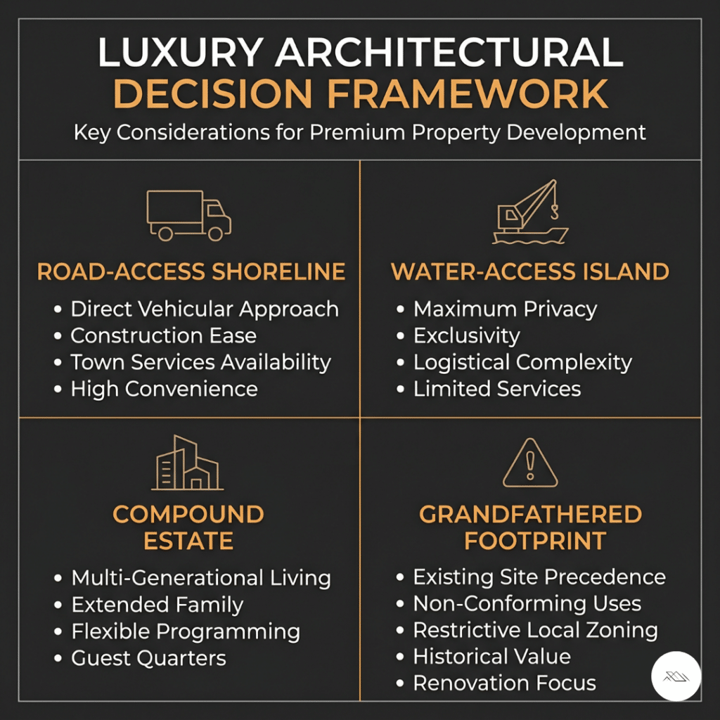 Prefab homes Lake Joseph lot type decision framework infographic showing road-access shoreline, water-access island barge delivery via Port Sandfield and Foots Bay, compound estate builds, and grandfathered footprint scenarios with delivery methods and all-in cost ranges 2026