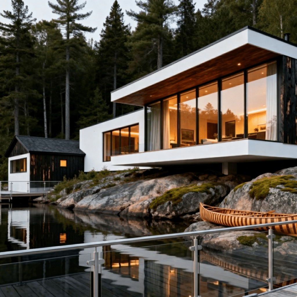 Luxury prefab homes Lake Joseph estate compound showing main cottage with floor-to-ceiling curtain wall glazing and cantilevered roofline with boathouse on Canadian Shield granite shoreline and open mid-lake water in late afternoon 2026