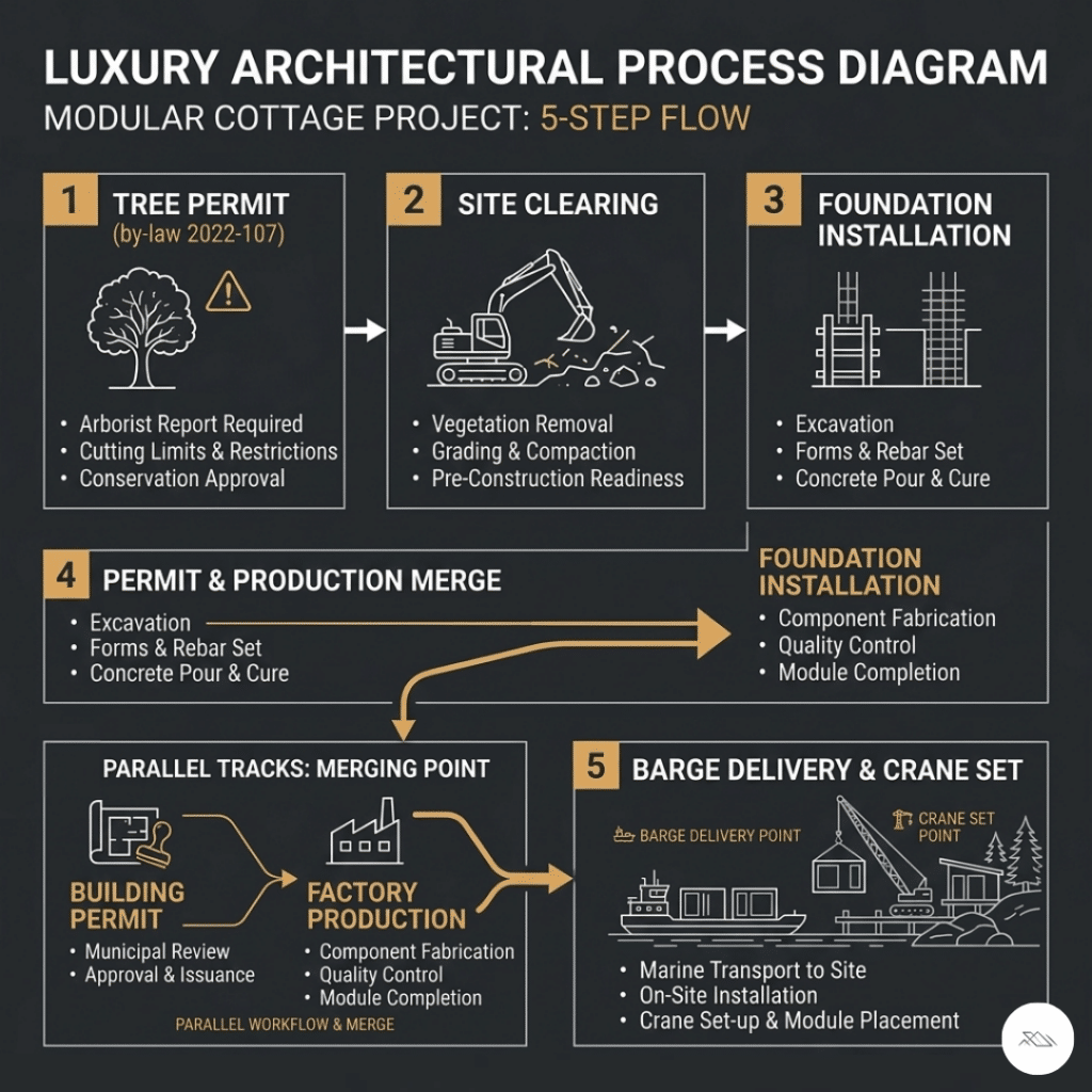 Prefab homes Lake Joseph regulatory sequence diagram showing five-step process from tree permit under By-law 2022-107 through site clearing, foundation installation, parallel building permit and factory production, to barge delivery and crane set 2026