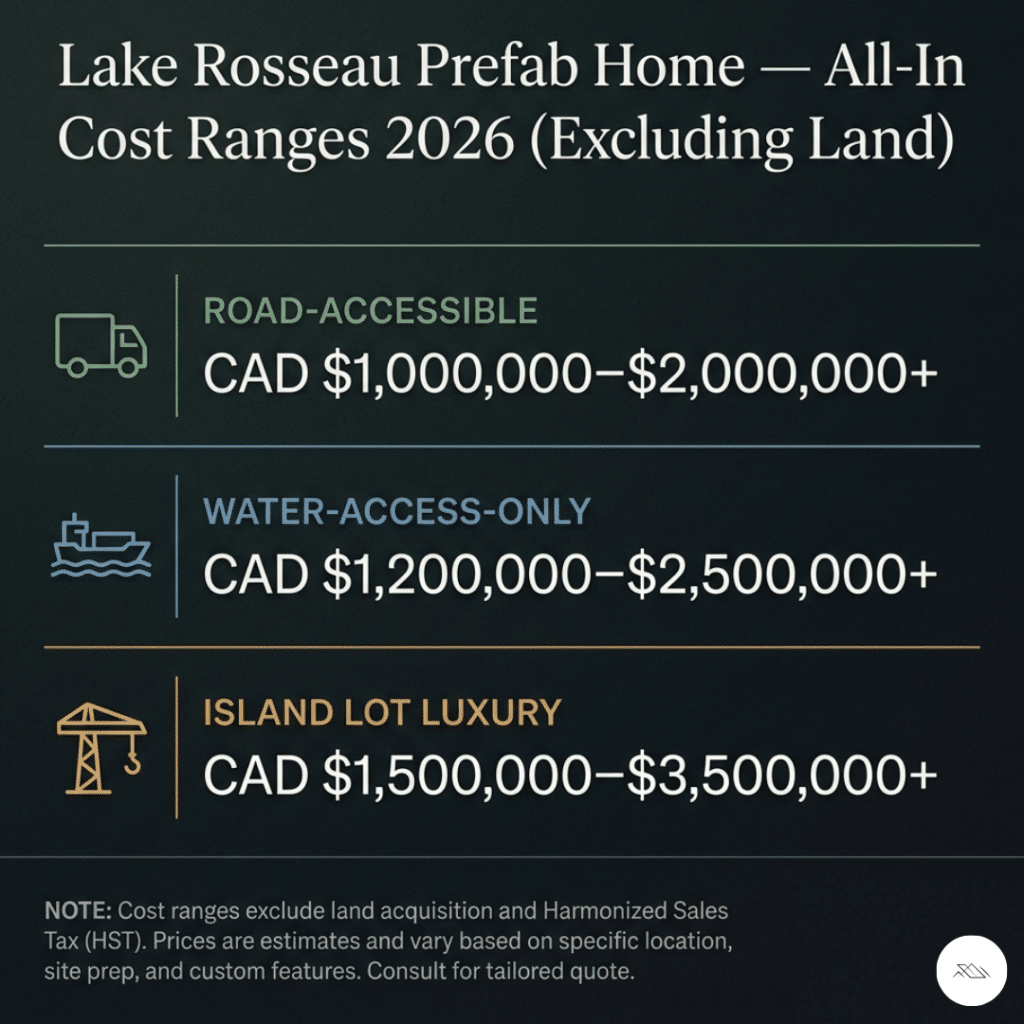 Prefab homes Lake Rosseau all-in cost ranges 2026 information card showing road-accessible CAD 1000000 to 2000000 water-access CAD 1200000 to 2500000 and island lot CAD 1500000 to 3500000 excluding land by lot type