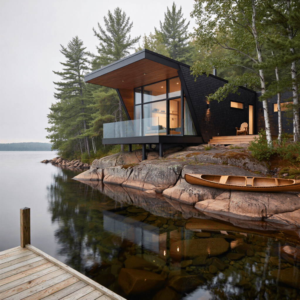 Modern prefab home on Lake Rosseau with cantilevered roof and floor-to-ceiling glass on Canadian Shield granite shoreline with calm water reflection and cedar canoe