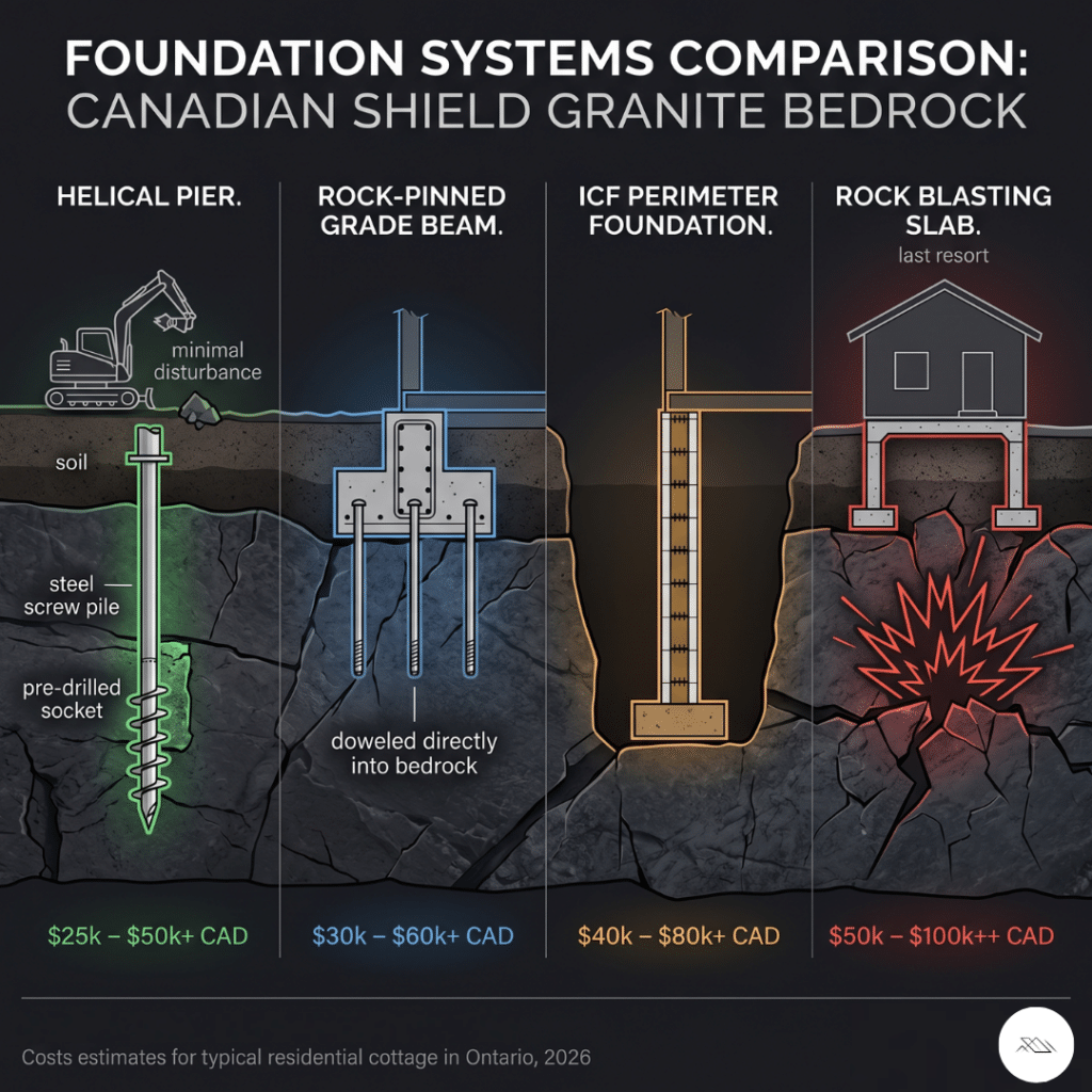 Prefab homes Lake Rosseau foundation comparison cross-section showing helical pier rock-pinned grade beam ICF perimeter and rock-blasting slab options on Canadian Shield granite bedrock with cost ranges and island lot barge delivery notation