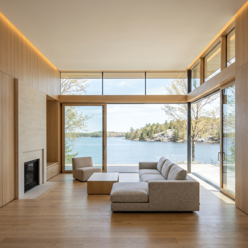 Completed prefab home interior Lake Rosseau with white oak flooring open-concept living space and floor-to-ceiling glazing overlooking open lake water and Canadian Shield granite shoreline