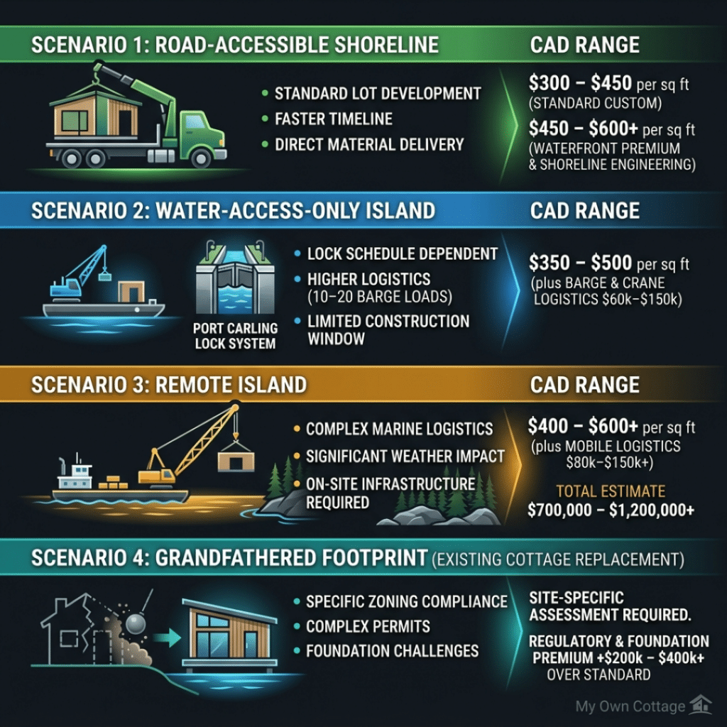 Prefab homes Lake Rosseau four lot type decision framework infographic showing road-accessible shoreline, water-access-only island with Port Carling lock system, remote island crane build, and grandfathered footprint scenarios with delivery method and cost ranges