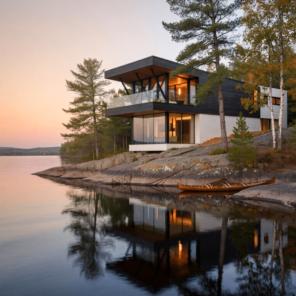 Modern prefab home on Lake Rosseau with cantilevered roof and floor-to-ceiling glass walls set on Canadian Shield granite shoreline with calm water reflection and cedar canoe