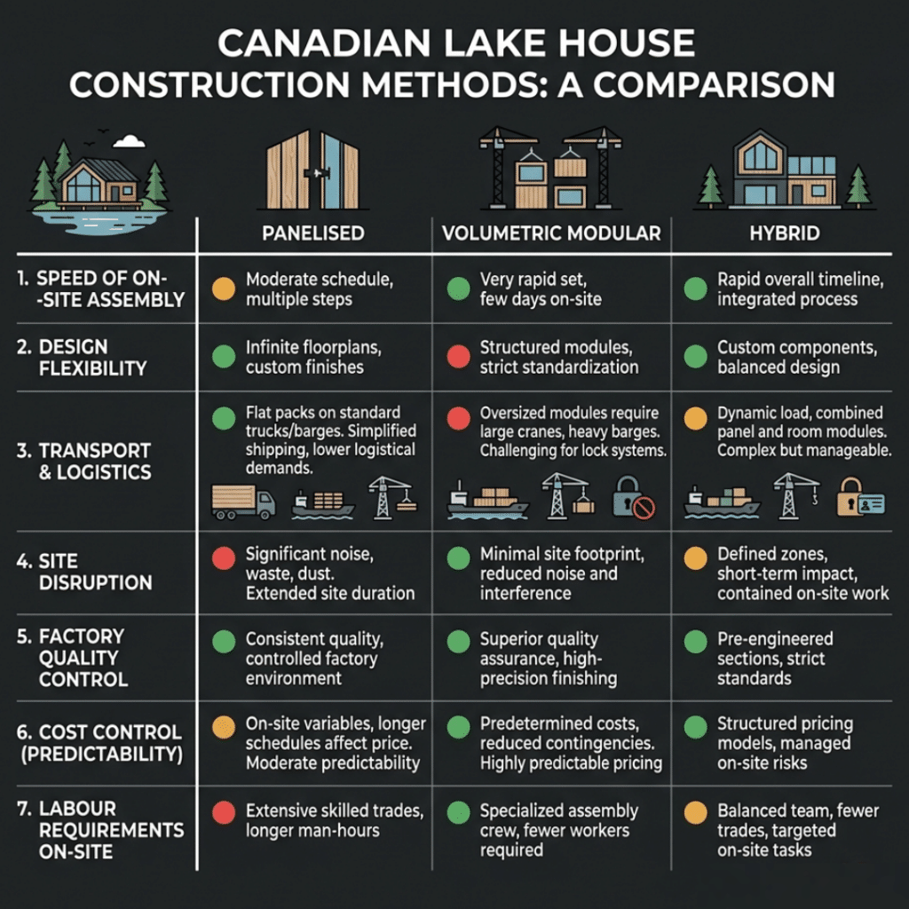 Prefab homes Lake Rosseau system comparison infographic showing panelised vs volumetric modular vs hybrid construction with Port Carling lock compatibility lot type suitability design flexibility factory completion level and builder recommendation 2026