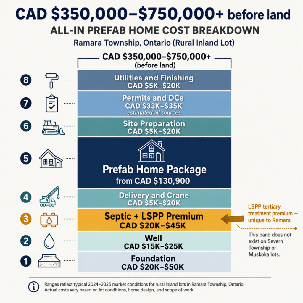 Prefab home all-in cost budget stack for Ramara Township Ontario showing LSPP septic premium, well, foundation, permits, delivery, site preparation, utilities, and home package totalling CAD $350,000 to $750,000+ before land