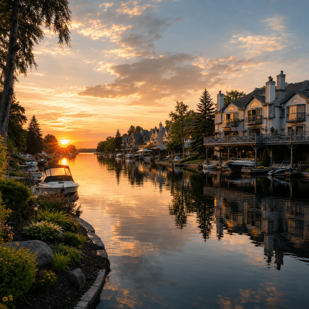 Lagoon City canal system in Ramara Township Ontario showing waterfront residential lots with boating access to Lake Simcoe and the Trent-Severn Waterway for prefab cottage planning