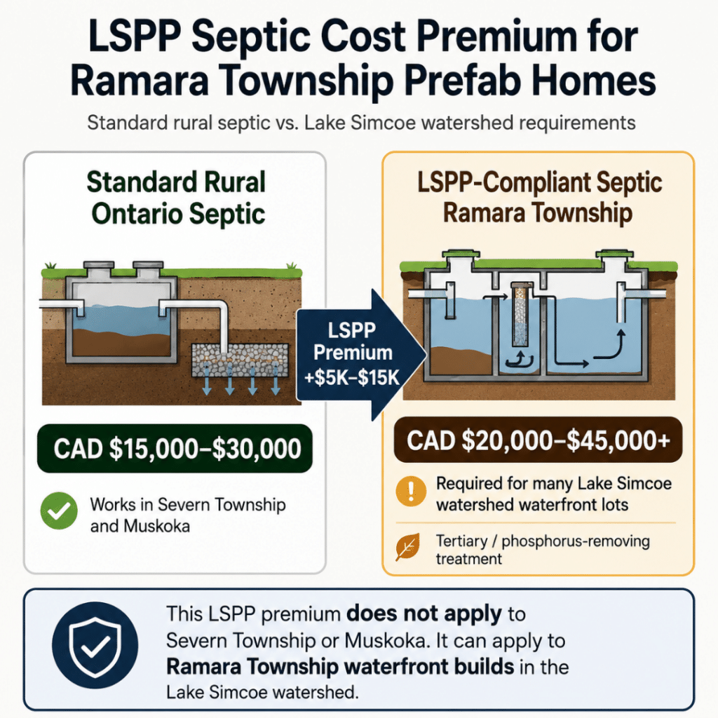 LSPP septic cost comparison infographic for prefab homes in Ramara Township Ontario showing standard rural septic at CAD $15,000–$30,000 and Lake Simcoe Protection Plan compliant septic at CAD $20,000–$45,000+