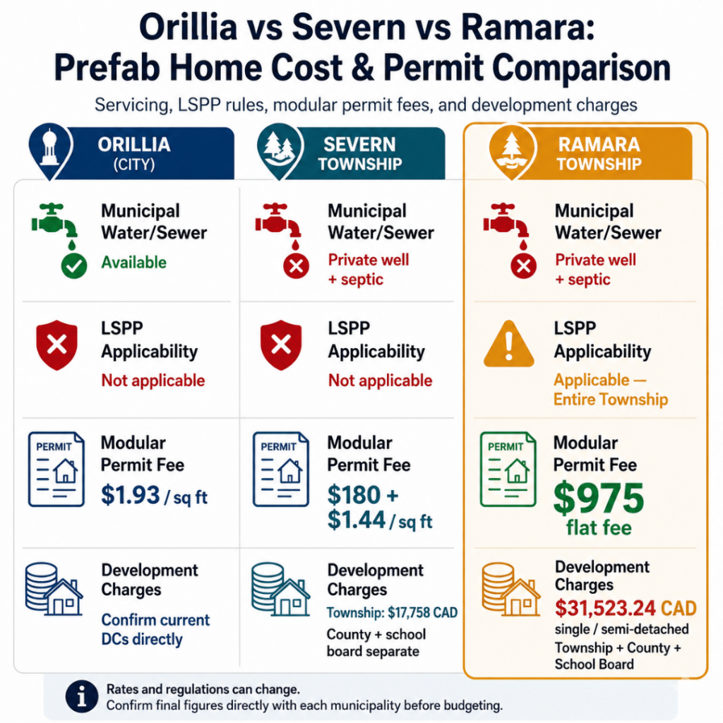 Prefab home permit fee and regulatory comparison infographic for Ramara Township, Severn Township, and Orillia showing water and sewer access, Lake Simcoe Protection Plan coverage, modular permit fees, and development charges