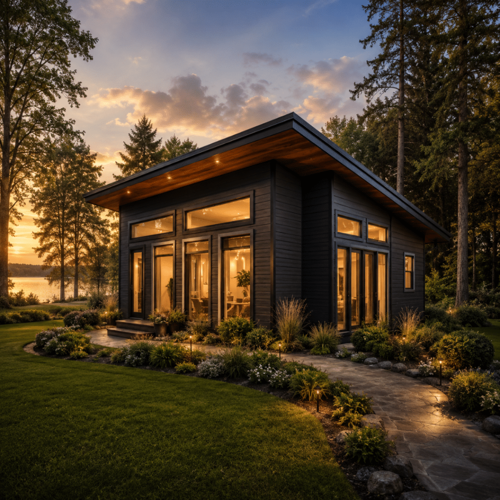 My Own Cottage Lake View 741 sq ft prefab home on a rural Ontario lot with visible foundation and completed entry, showing a compact four-season modular home suited to Severn Township rural and waterfront lots