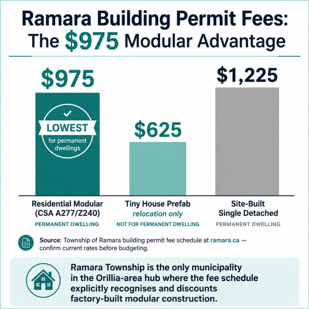 Bar chart comparing Ramara Township building permit fees for factory-built homes in Ontario — residential modular CSA A277 at $975, tiny house prefab relocation at $625, and site-built single detached at $1,225, showing the modular permit fee advantage in Ramara Township.