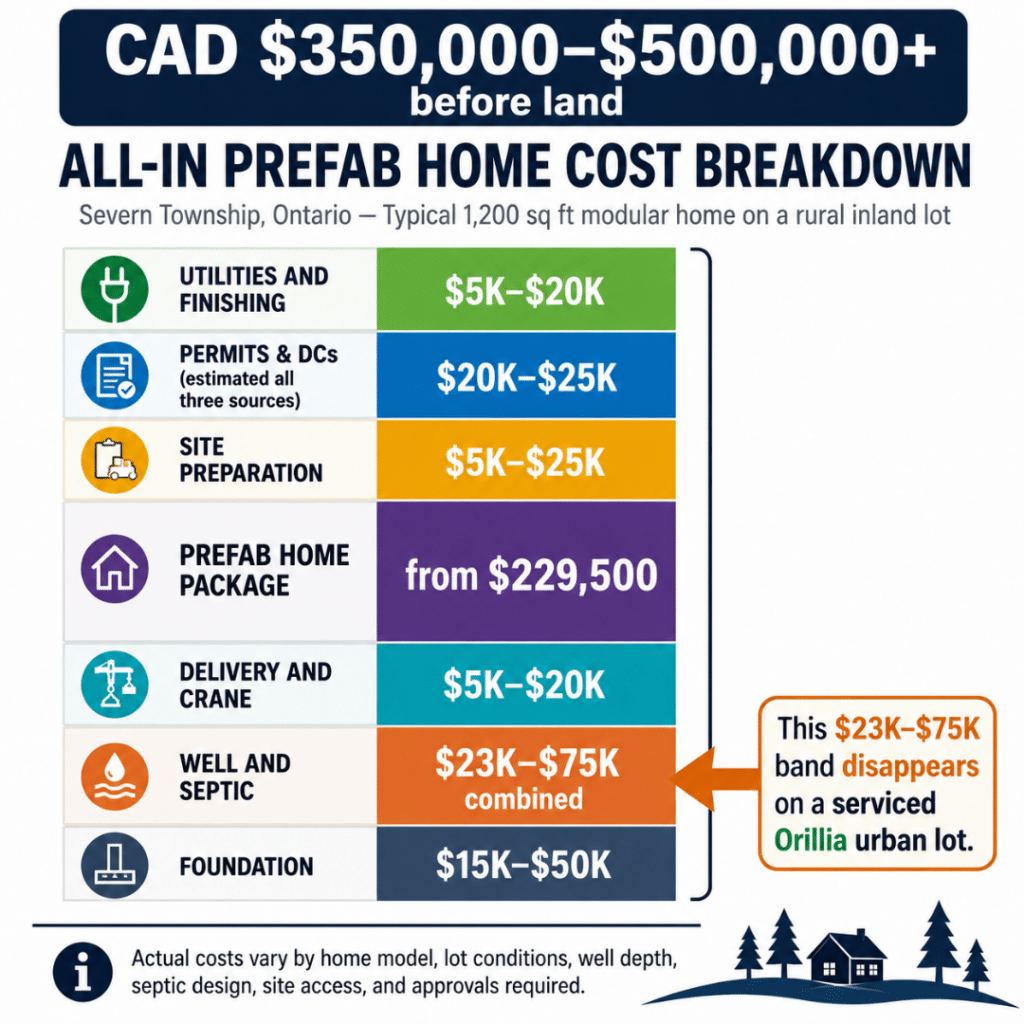 Prefab home all-in cost budget stack for Severn Township Ontario 2026 showing foundation, well and septic, delivery, home package, site preparation, permits, utilities, and a total cost of $350,000 to $500,000+ before land