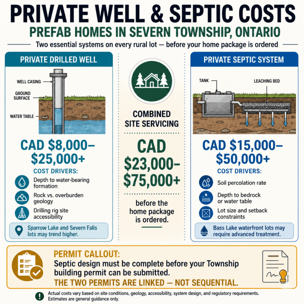 Private well and septic cost infographic for Severn Township Ontario prefab homes showing well drilling from CAD $8,000 to $25,000+ and septic systems from CAD $15,000 to $50,000+ required before the home package is ordered