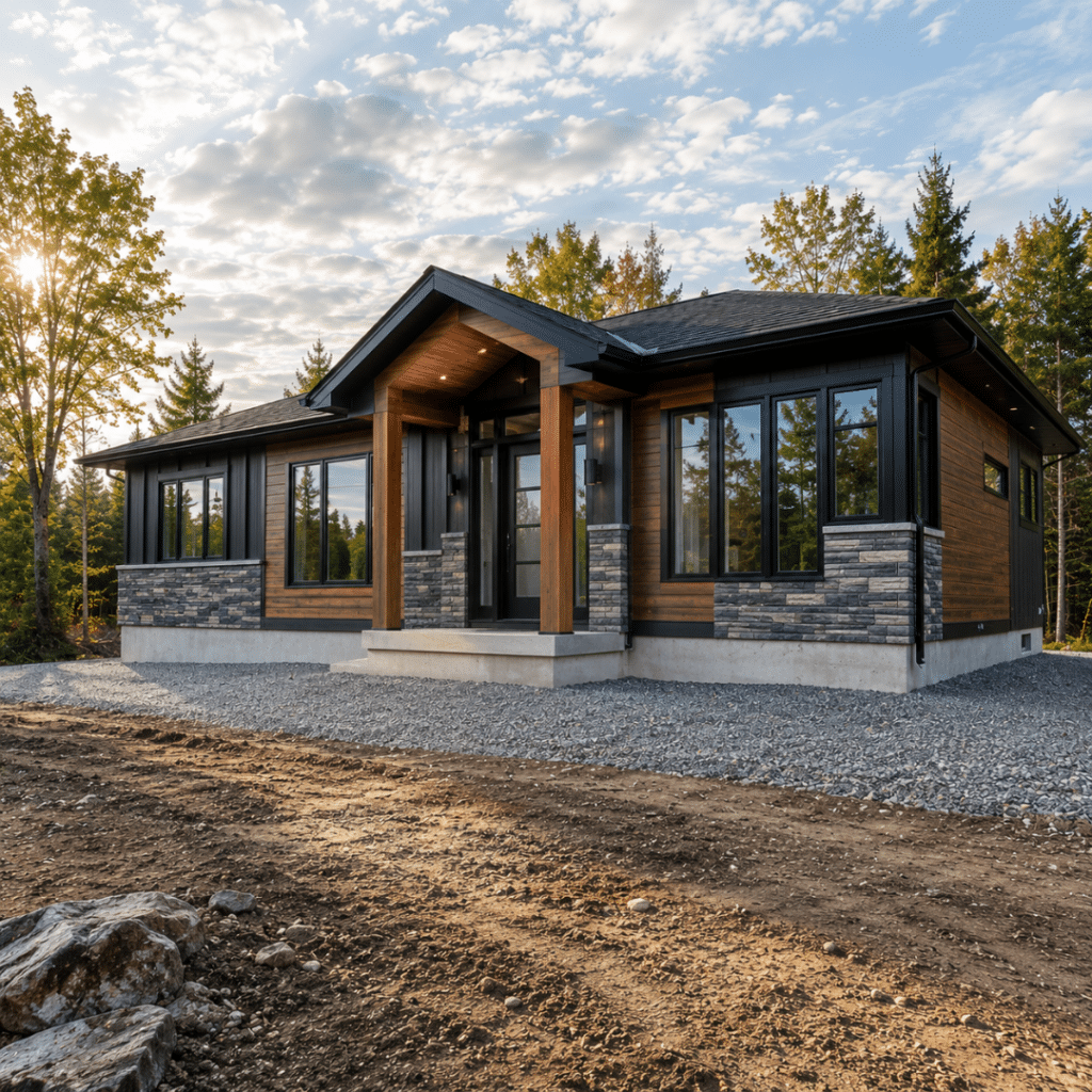 Modular home financing Ontario example showing a completed CSA A277 certified modular home on a permanent foundation after delivery and installation at the Draw 4 occupancy milestone.