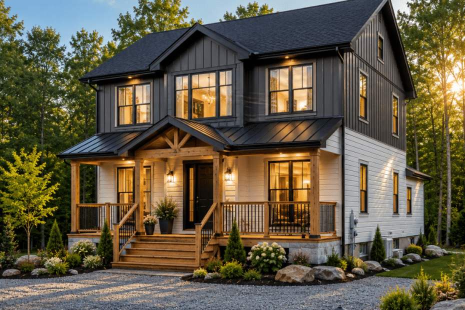 Modular home financing Ontario example showing a completed modular home on a permanent foundation with gravel driveway and utility connections visible on a rural Ontario property.