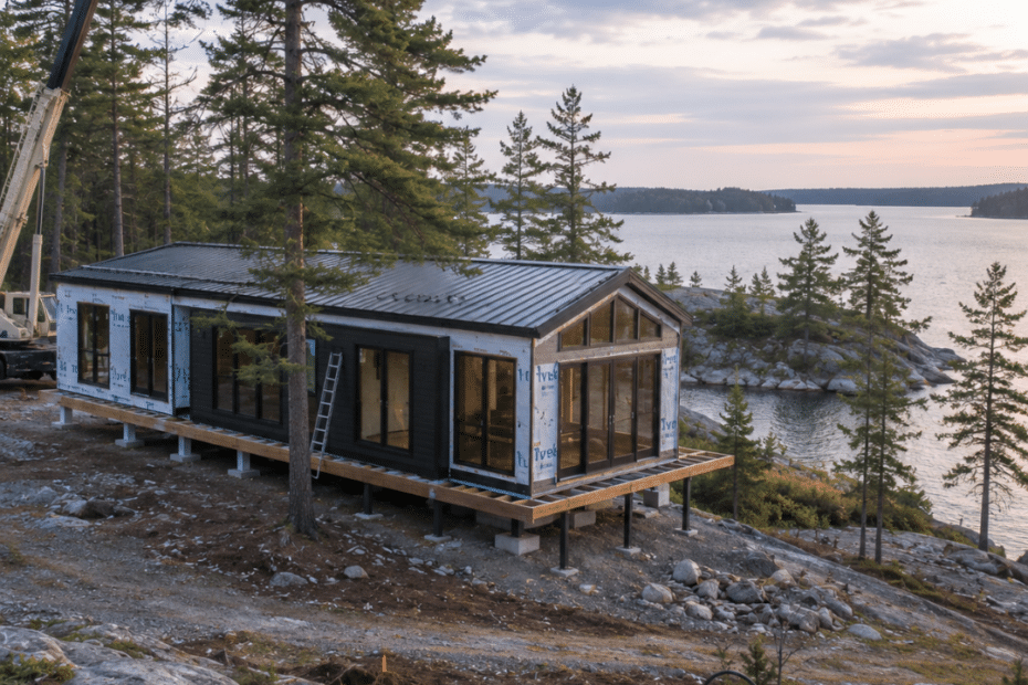 Prefab Cottage Permits Ontario: waterfront prefab cottage on piers during construction on a rocky Ontario lakeside lot, illustrating shoreline setbacks, foundation placement, and the site conditions that affect building permits and approvals.
