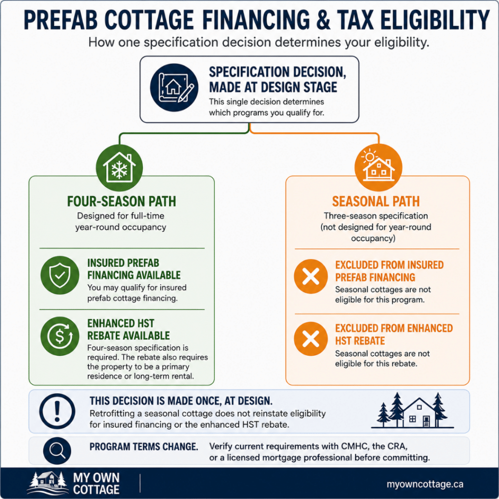 Prefab cottages Gravenhurst decision diagram showing how four-season versus seasonal cottage specification affects eligibility for insured prefab financing and the enhanced Ontario HST rebate, with year-round occupancy and primary residence requirements explained.
