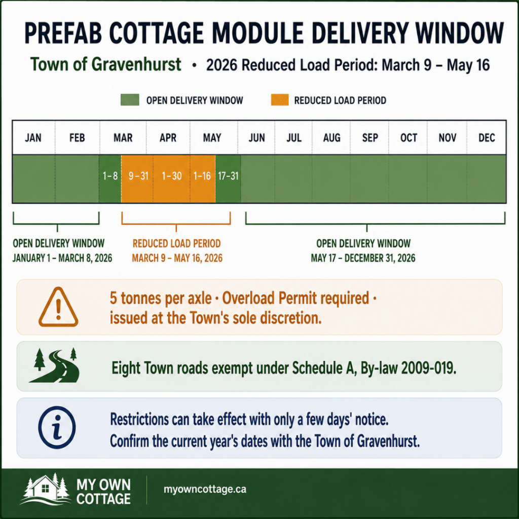 Prefab cottages Gravenhurst delivery window calendar showing the Town of Gravenhurst 2026 spring reduced load period from March 9 to May 16, open delivery windows for prefab cottage modules, overload permit requirements and municipal road restrictions.