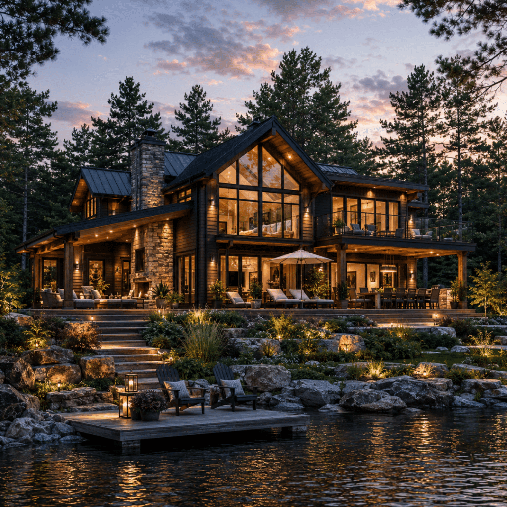 Luxury four-season waterfront cottage with dark cladding, stone accents, expansive glazing, landscaped rock terraces and a dock on an Ontario lake