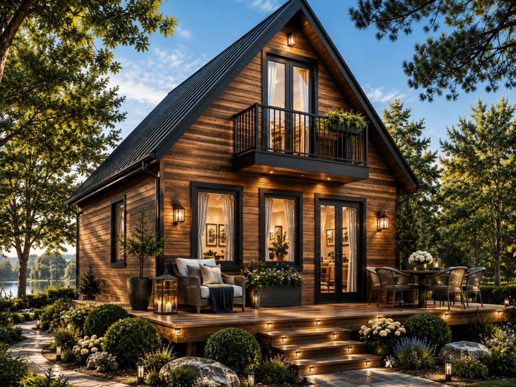 Eagle’s Nest cottage model with warm wood siding, steep gable roof, upper balcony, large black-framed windows and a landscaped deck.