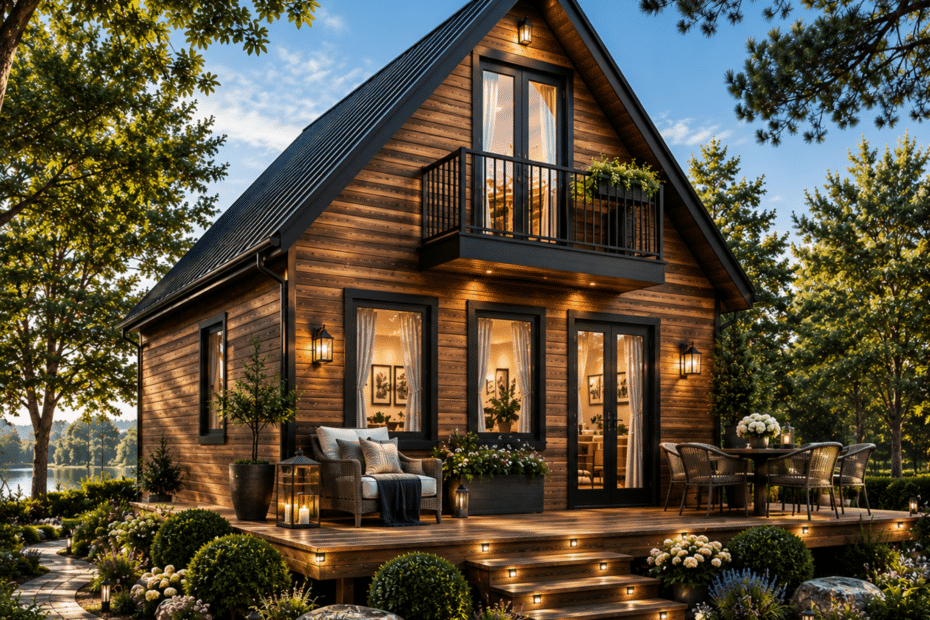 Eagle’s Nest cottage model with warm wood siding, steep gable roof, upper balcony, large black-framed windows and a landscaped deck.
