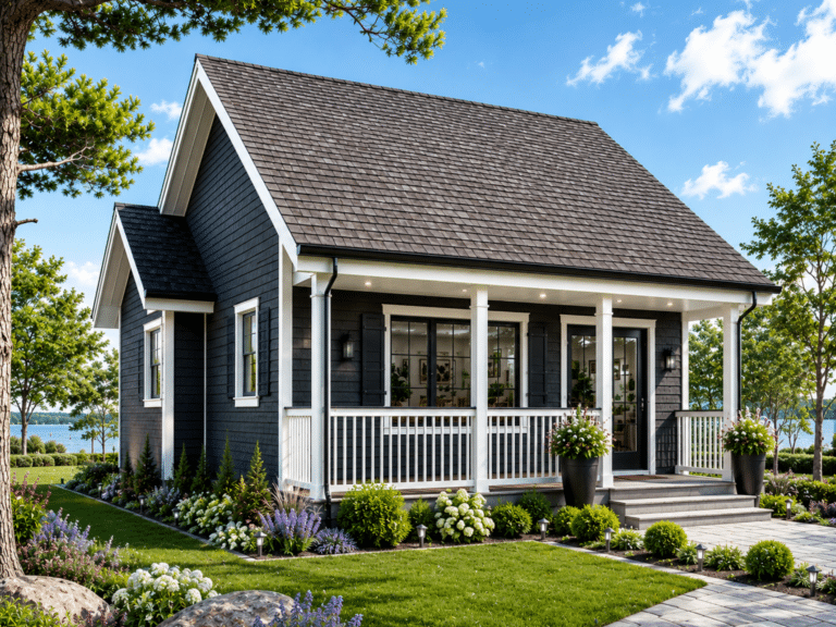Fox Den cottage model exterior with dark siding, white trim, covered front porch and landscaped lakeside setting.