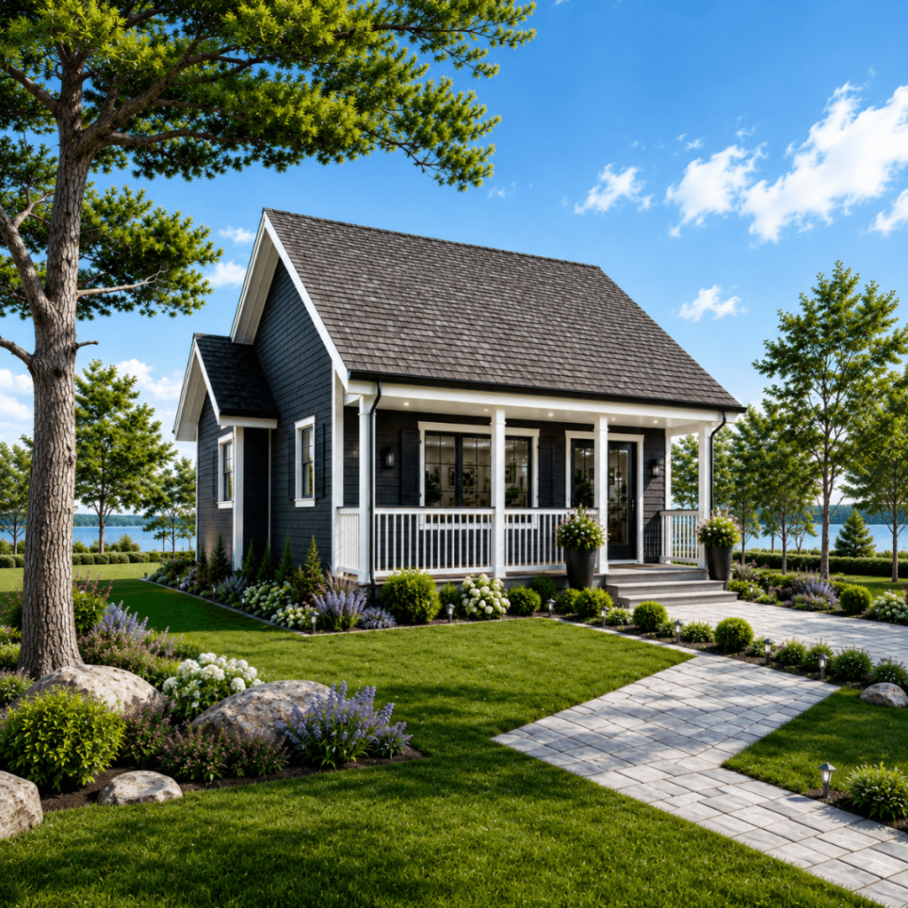 Fox Den cottage model exterior with dark siding, white porch trim and landscaped grounds in a lakeside setting.