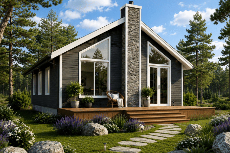 Orchard prefab cottage-home with dark siding, stone chimney, large windows and a wood deck on a landscaped Ontario lot