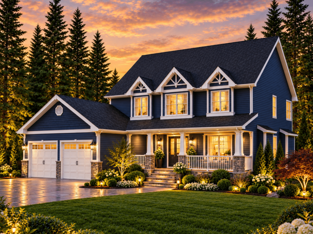 Algonquin exterior showing a navy two-storey cottage home with a covered front porch, attached two-car garage, manicured landscaping, and warm twilight lighting.