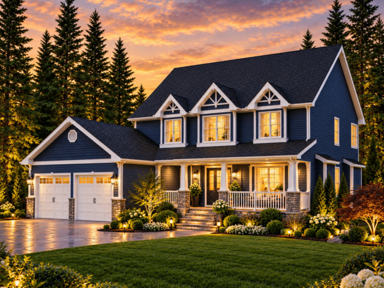 Algonquin exterior showing a navy two-storey cottage home with a covered front porch, attached two-car garage, manicured landscaping, and warm twilight lighting.