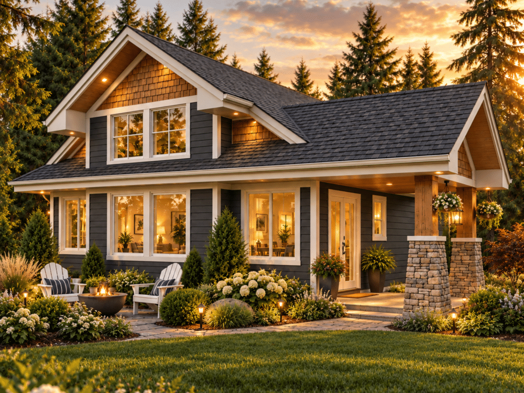 Aspen exterior with dark grey siding, cedar accents, stone porch columns, large white-trimmed windows and landscaped gardens.