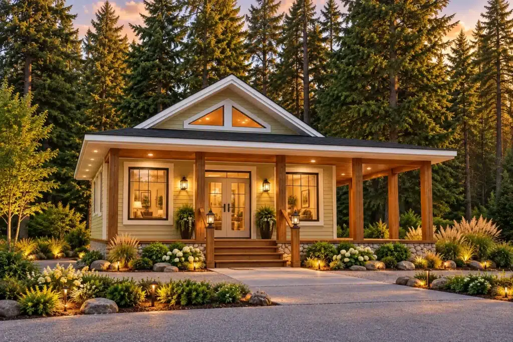 Bay Breeze single-storey cottage home with pale yellow siding, triangular gable windows and a wraparound timber porch