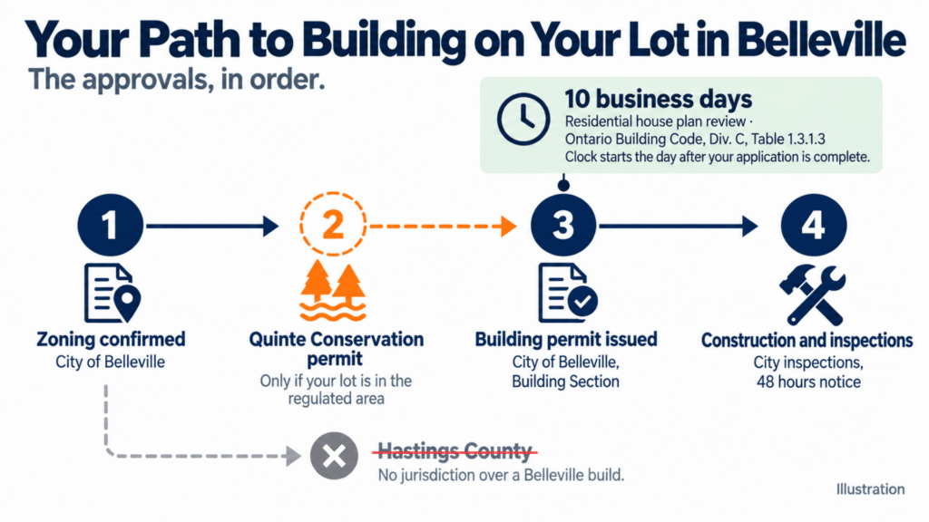 Belleville Ontario home builders – diagram showing zoning, conditional Quinte Conservation approval, building permit review and construction inspections.