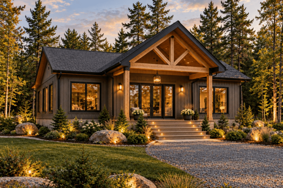 Belleville Ontario home builders – contemporary single-storey home design with timber entry, stone accents, dark-framed windows and landscaped approach.