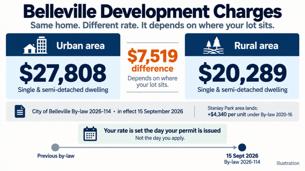 Belleville Ontario home builders – comparison of urban and rural development charges for single and semi-detached dwellings, with the permit issuance date rule.