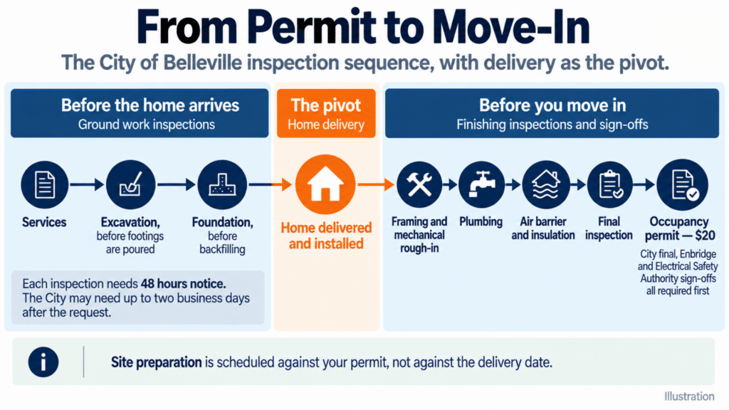 Belleville Ontario home builders – City inspection sequence from services, excavation and foundation through home delivery, final inspection and occupancy permit.