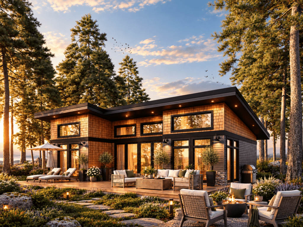 Blissful Bay exterior with warm cedar-style cladding, black-framed windows, a low-slope roof, landscaped outdoor living space, and a modern luxury cottage design