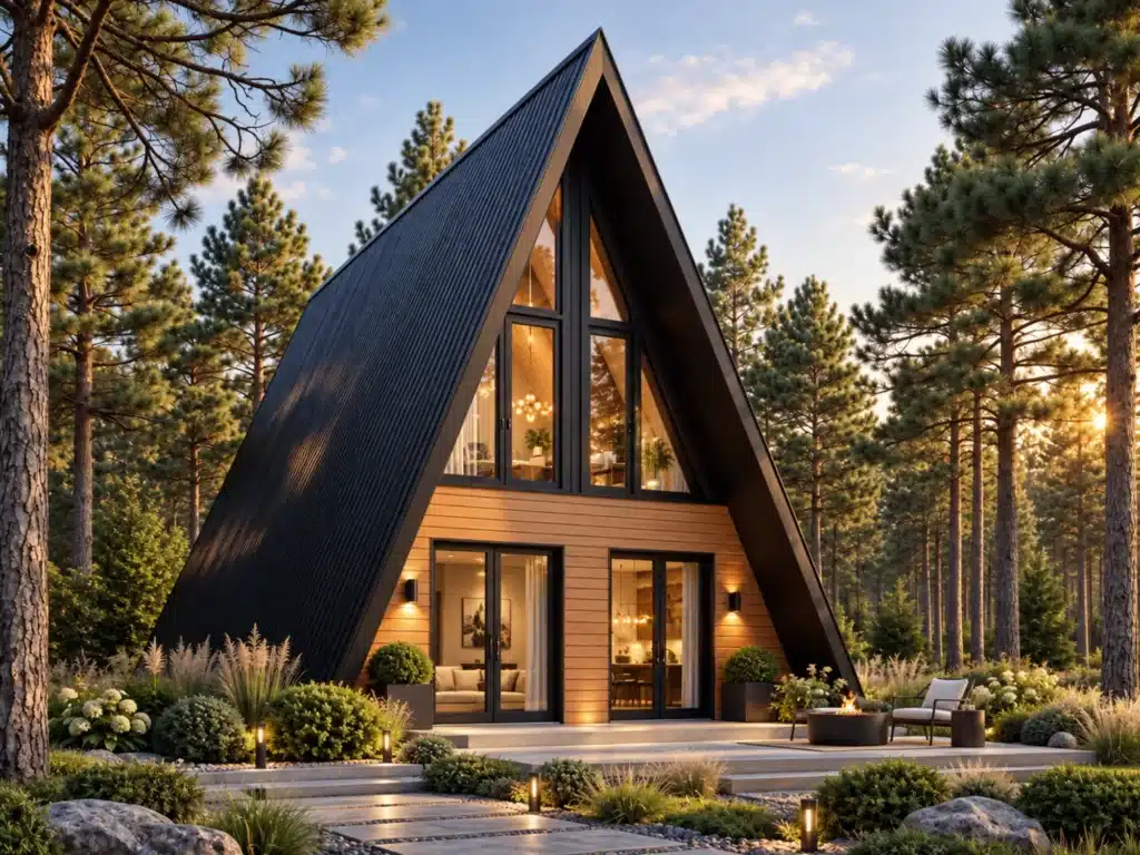 Boreal exterior of a luxury A-frame cottage home with black cladding, warm wood siding, expansive front glazing, and a landscaped forest setting.