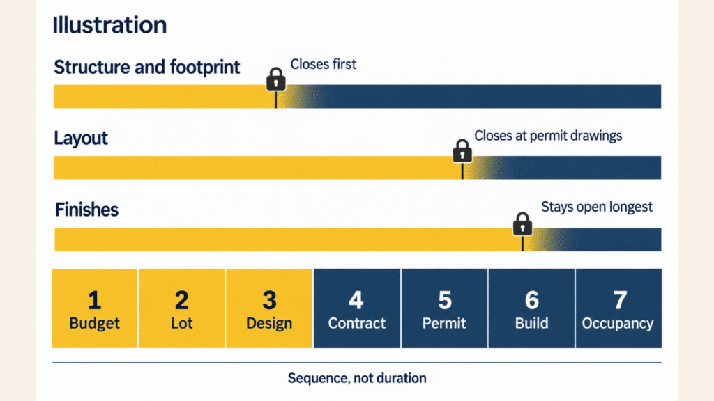 Building a custom home in Ontario decision timeline showing when structure and footprint, layout, and finishes stop being easy to change across the stages Budget, Lot, Design, Contract, Permit, Build, and Occupancy.