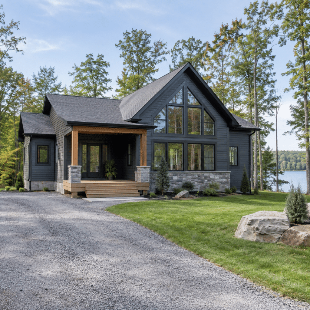 Building a custom home in Ontario shown as a completed home on a finished foundation with a graded lot, driveway and landscaped site.