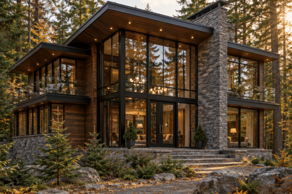 Building a custom home in Ontario – contemporary two-storey home with timber cladding, stone chimney and expansive glazing on a wooded lot.