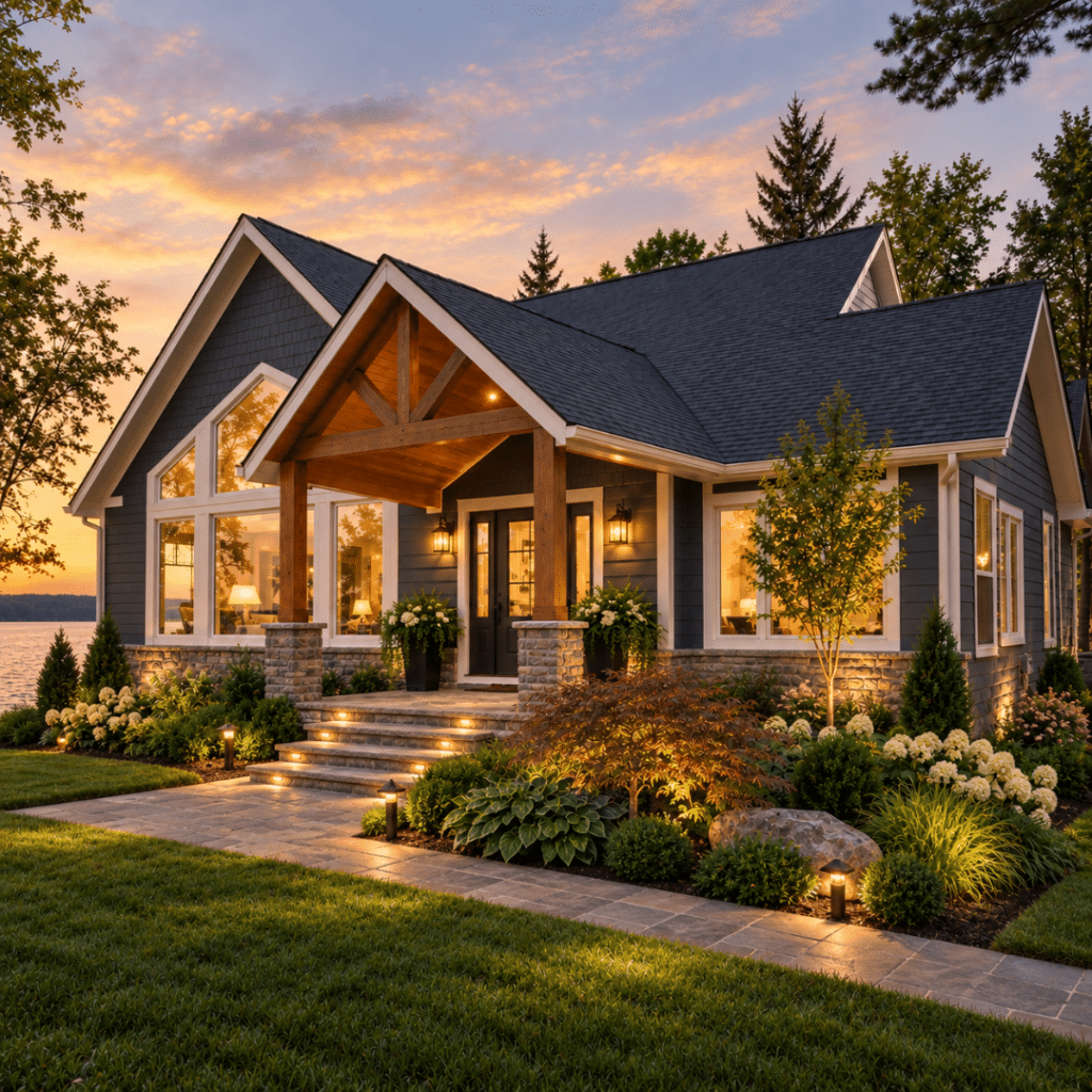 Building a custom home in Ontario with a stylish cottage exterior, timber entry, stone accents and landscaped grounds.