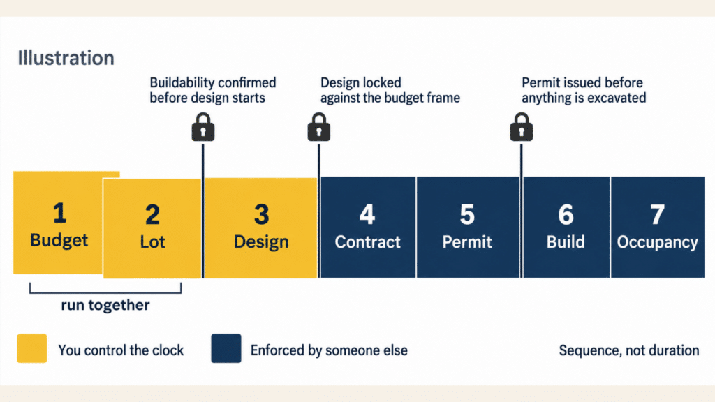 Building a custom home in Ontario illustrated as seven stages: Budget, Lot, Design, Contract, Permit, Build and Occupancy, with key approval gates shown between stages.