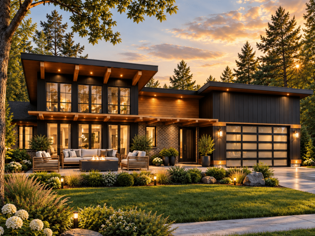 Chrysalis exterior showing a modern cottage-home with dark vertical cladding, warm wood accents, expansive windows, attached garage, and landscaped grounds at golden hour