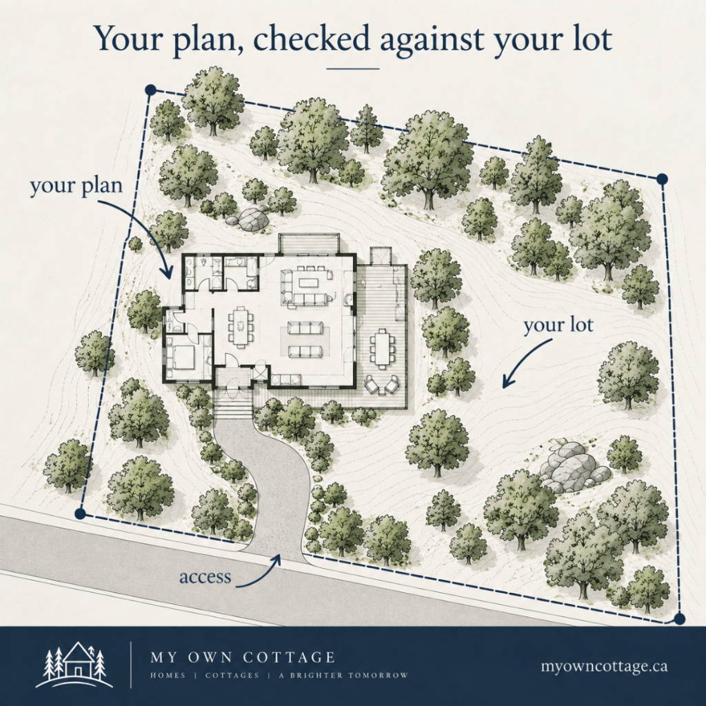Custom home build plans checked against a property lot, showing the home footprint, lot boundary, grade contours and road access.