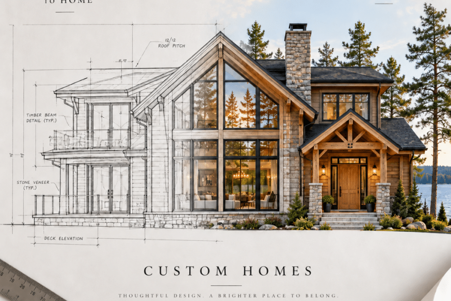 Custom home build plans transitioning from an architectural elevation into the finished timber, stone and glass home design.