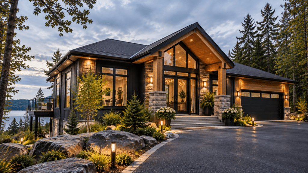 Custom home builder Ontario – contemporary home design with dark siding, timber entry, stone accents, attached garage and landscaped lot.