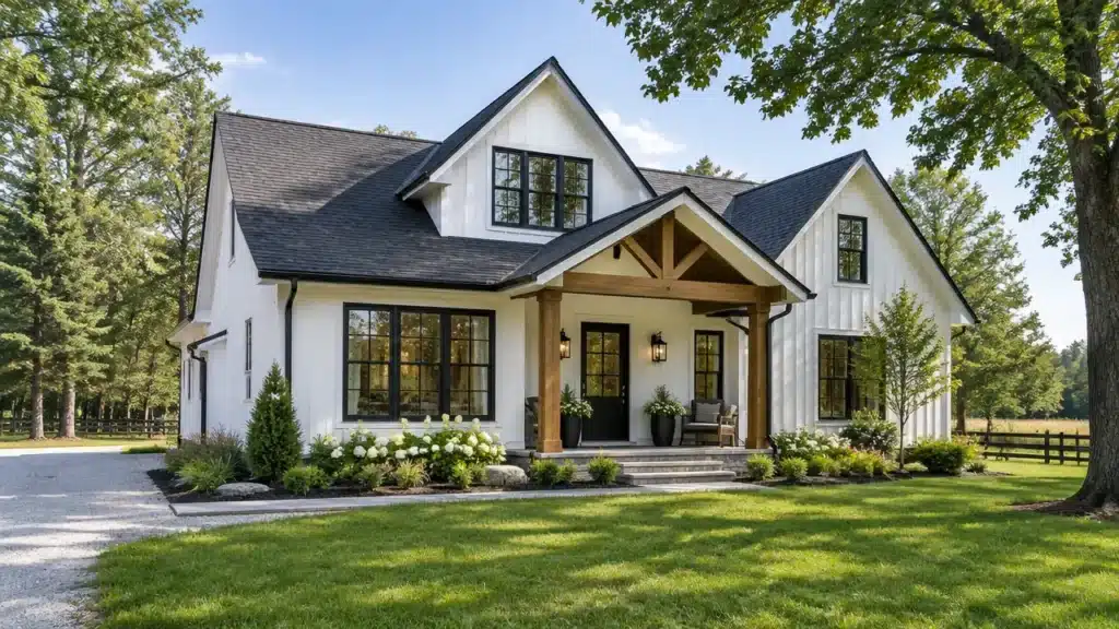 Custom home builders Alliston: a My Own Cottage custom home design, a white board-and-batten farmhouse with a timber porch